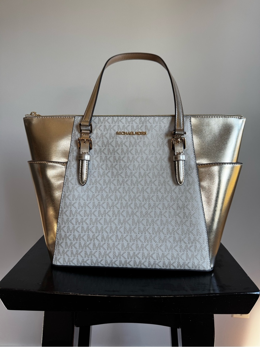 Michael Kors Jet Set Metallic Signature Logo Pocket Tote Pale Gold